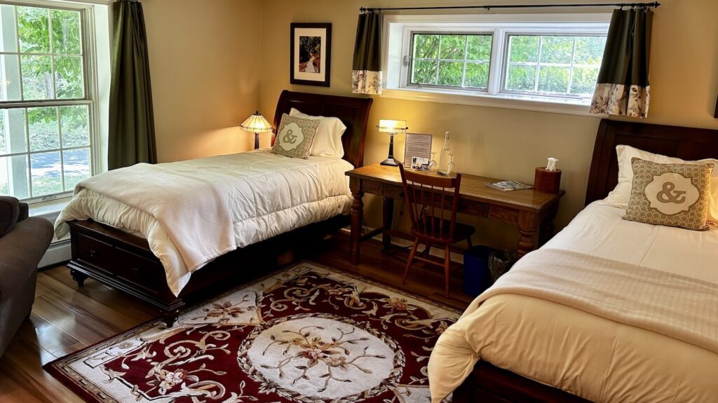 The Hall Room. Two twin beds with a desk and desk chair between them. There is a window above the desk, through which you can see green trees.