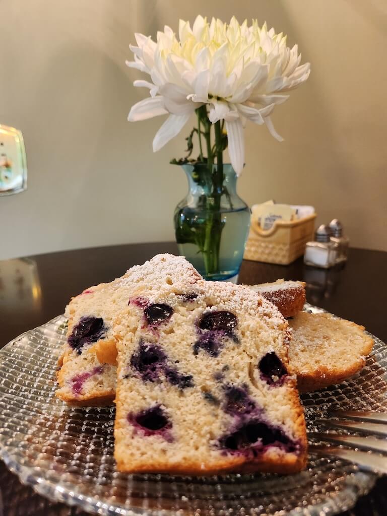 Blueberry pound cake with powdered sugar