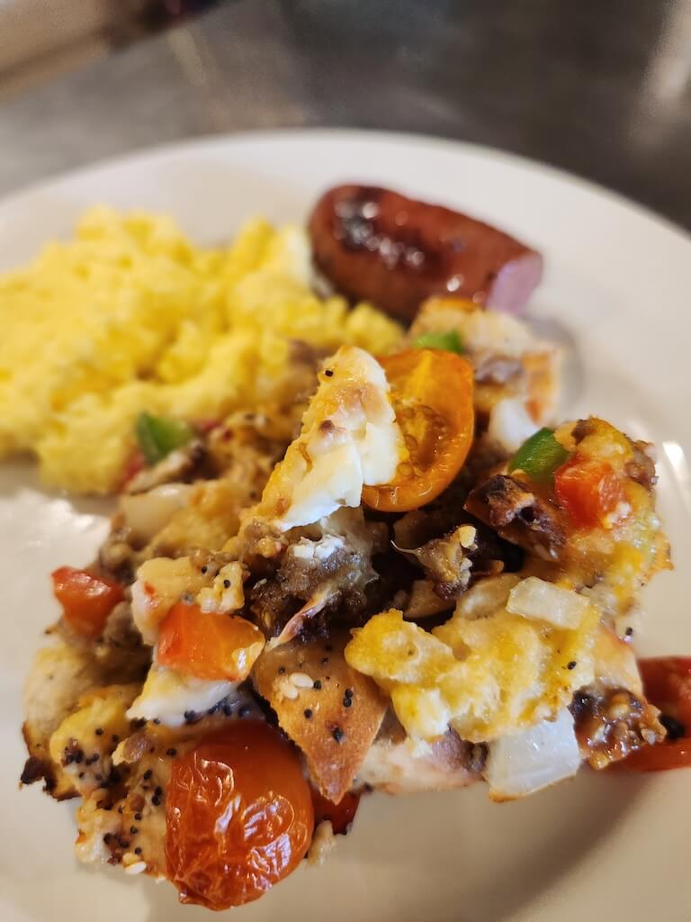 Everything bagel bake, scrambled eggs, & sausage.